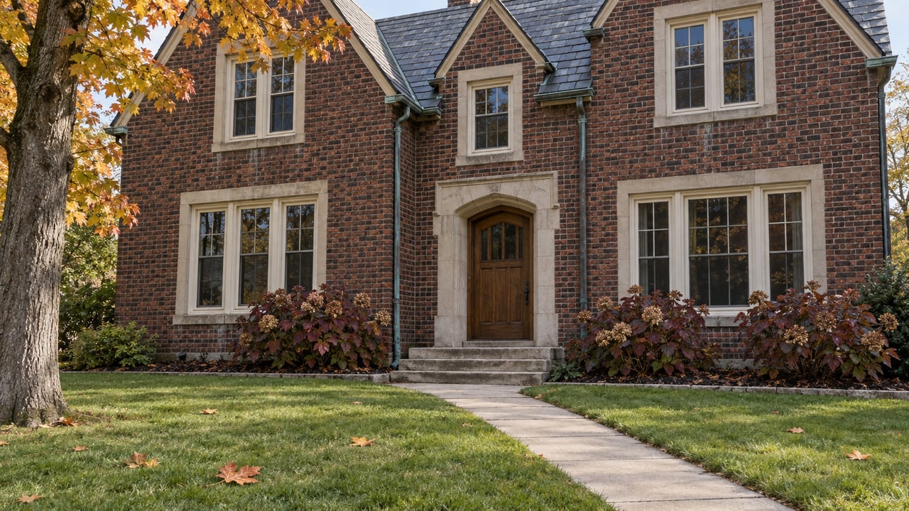Traditional red-brick house with slate gables, limestone entry steps and a deep autumn lawn beneath a golden maple.