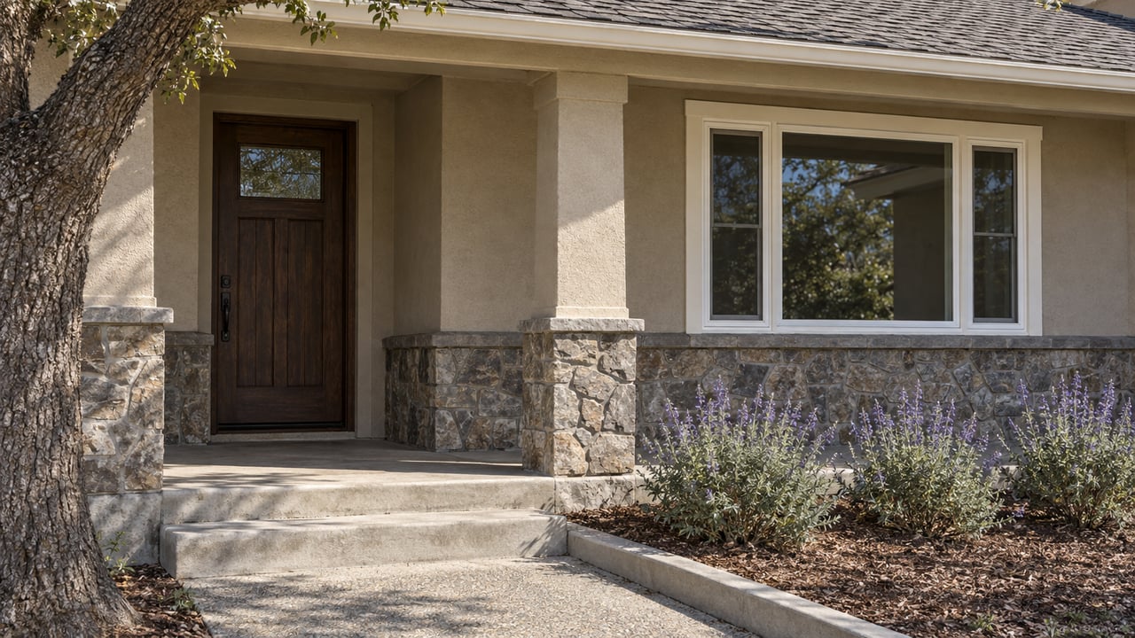 Sunlit stucco cottage entry with a stone base, oak door, white-framed window, and concrete steps beside flowering sage.