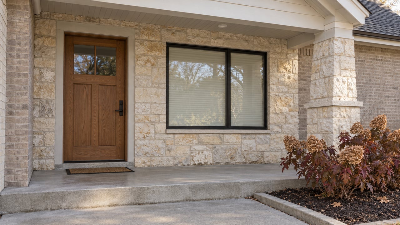 Autumn afternoon light on an oak front door, pale limestone porch pier, buff brick and burgundy oakleaf hydrangea.