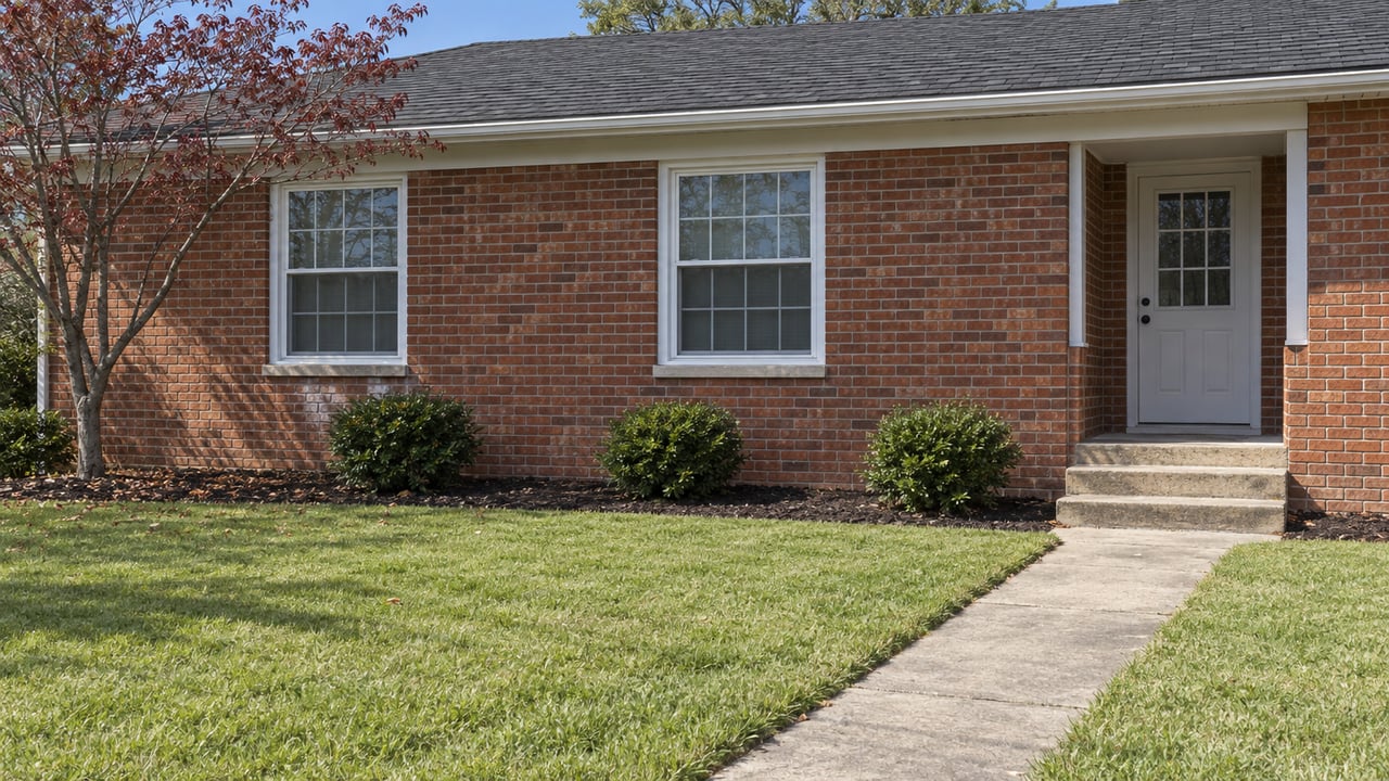 Modest brick ranch with two front windows, a recessed entry, and a concrete walk crossing the lawn.