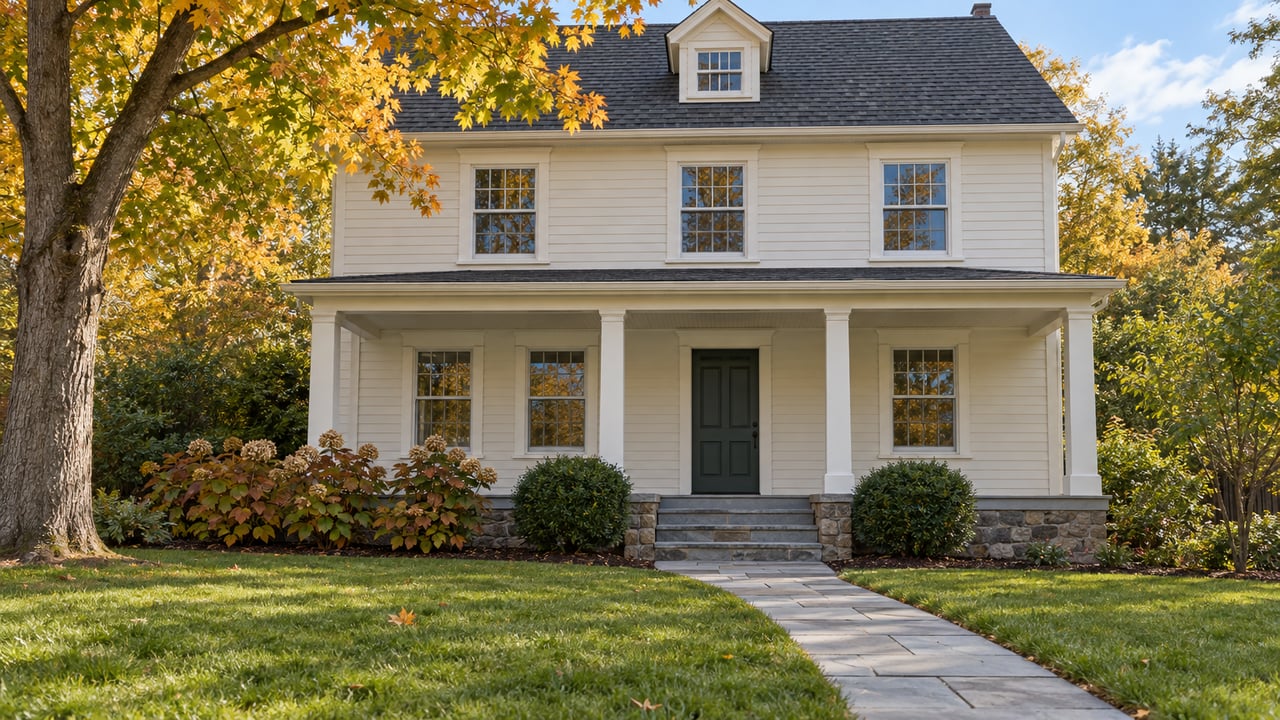 An ivory clapboard home with a deep porch, bluestone front walk and an autumn sugar maple beside a broad lawn.