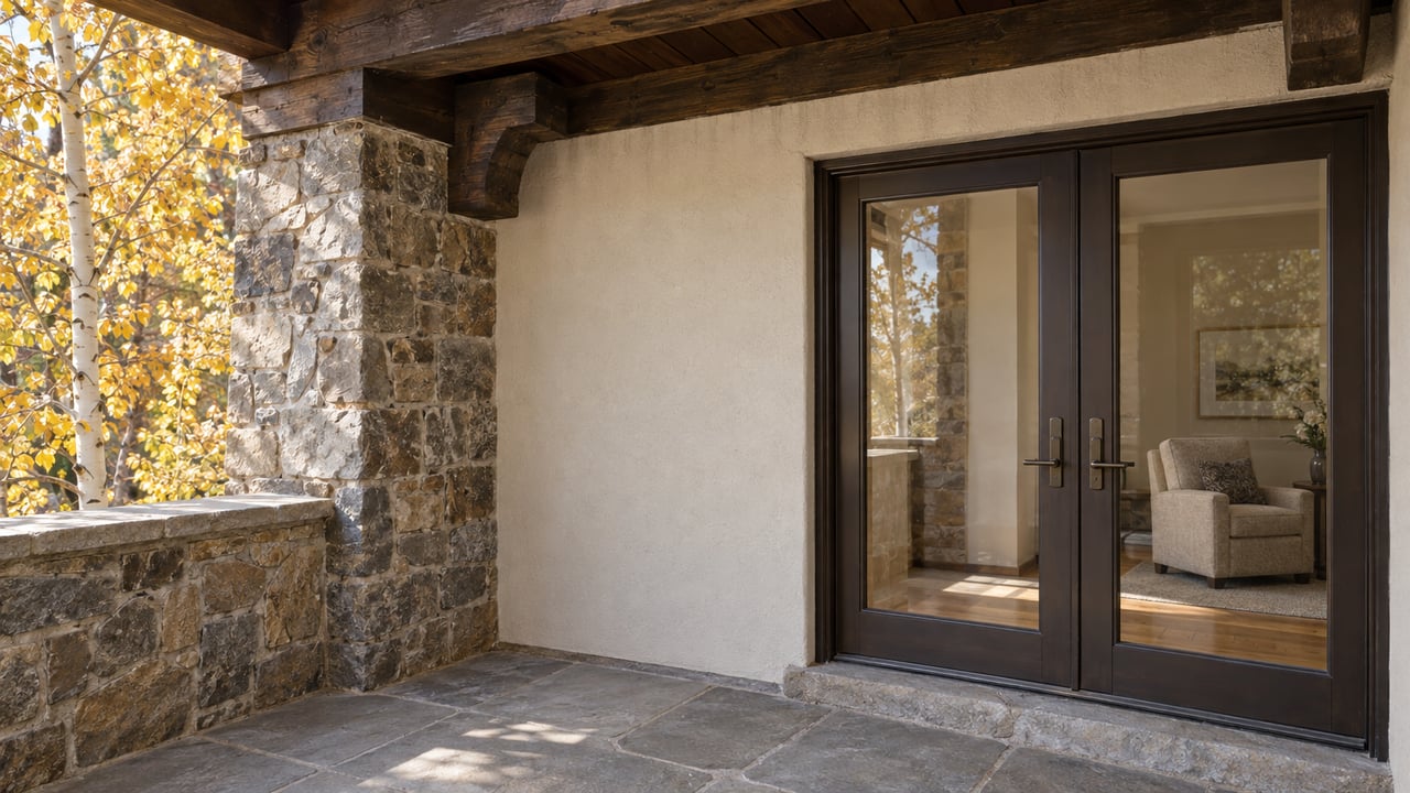 Stone balcony beneath dark timber eaves, with closed bronze-framed doors into a warmly finished living room and golden aspen leaves at the edge.