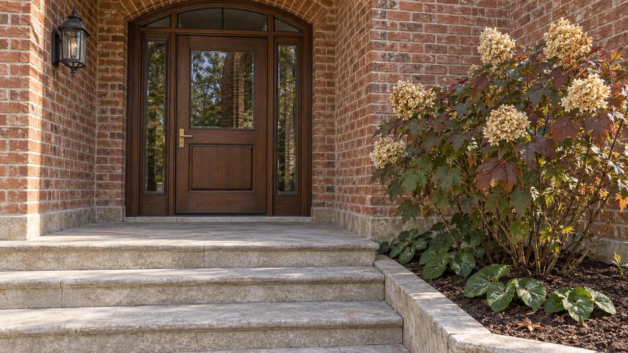 Arched brick home entry with a wood door, glazed sidelights, limestone steps and an autumn oakleaf hydrangea.
