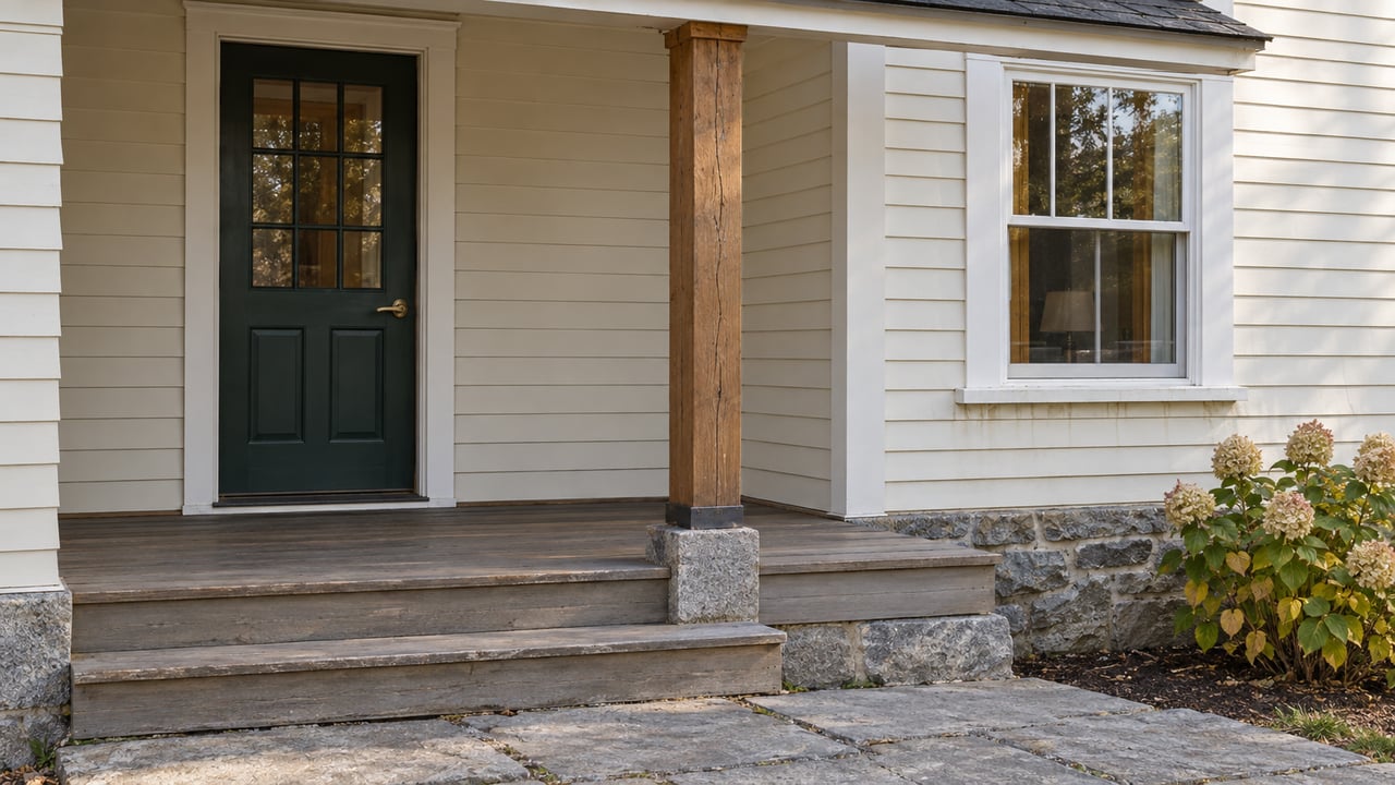 Cream clapboard home with a dark-green glazed door, weathered timber porch, granite steps, and faded hydrangea flowers.