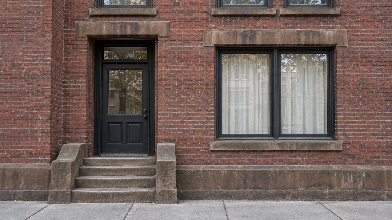 Dark brick residential facade with a recessed glazed timber door, worn sandstone steps and black-framed windows in cool daylight.