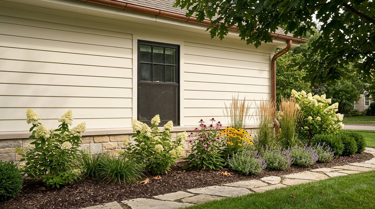 Limestone path beside ivory siding, bordered by blooming coneflowers, yellow rudbeckia, and leafy perennials.