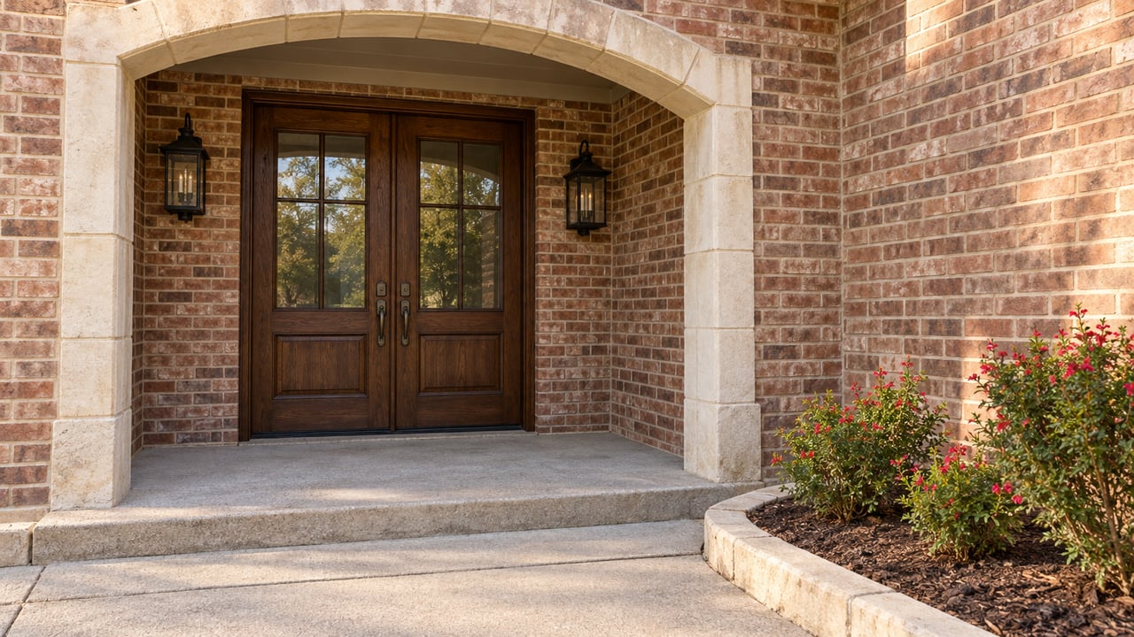 Warm brick home entry with a limestone arch, paired dark wood doors, black lanterns and red-flowering autumn sage beside a concrete approach.