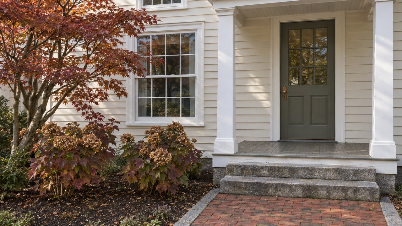 Cream clapboard house with an olive-gray front door, granite porch steps, a brick walk, and bronze-red autumn planting.