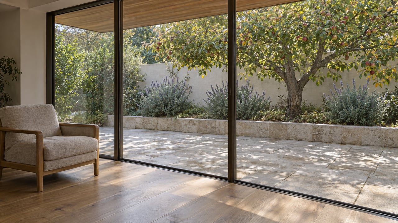Oak-floored living room with a linen armchair and closed glass doors overlooking a pale stone terrace and mature apple tree.