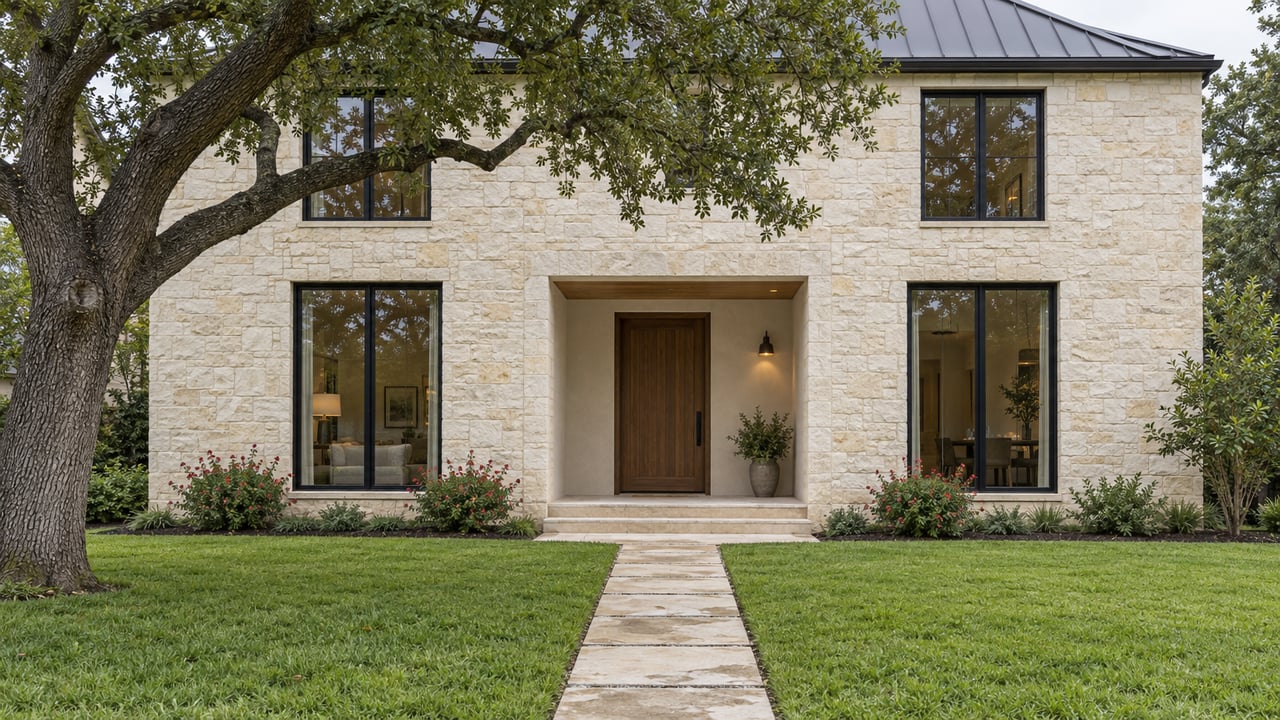 Two-story limestone home with a recessed timber-door porch, lawn, paver walk, and mature tree.