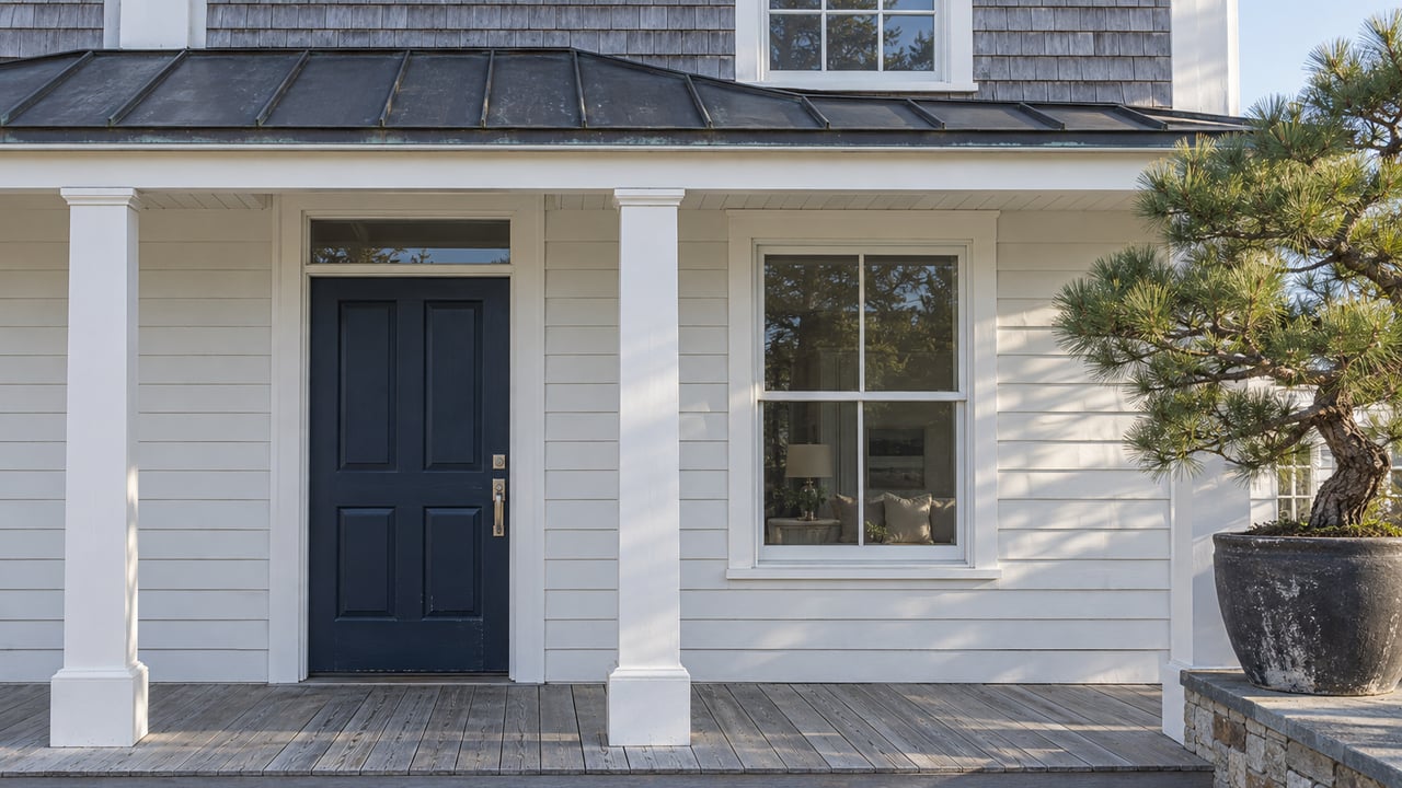 Sunlight grazes a white clapboard porch with a navy entry door, gray decking and a sculptural potted black pine.