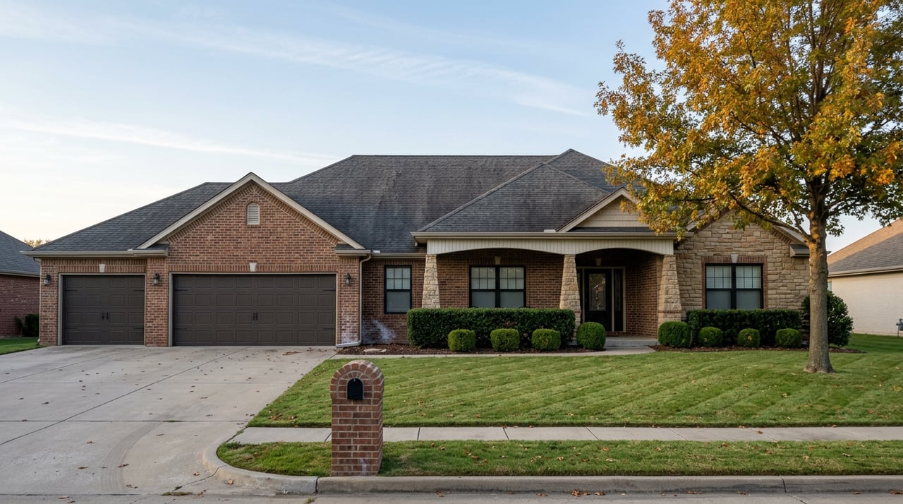 Brick-and-stone ranch home with a covered porch, three-car garage, oak tree, striped lawn, and concrete driveway.