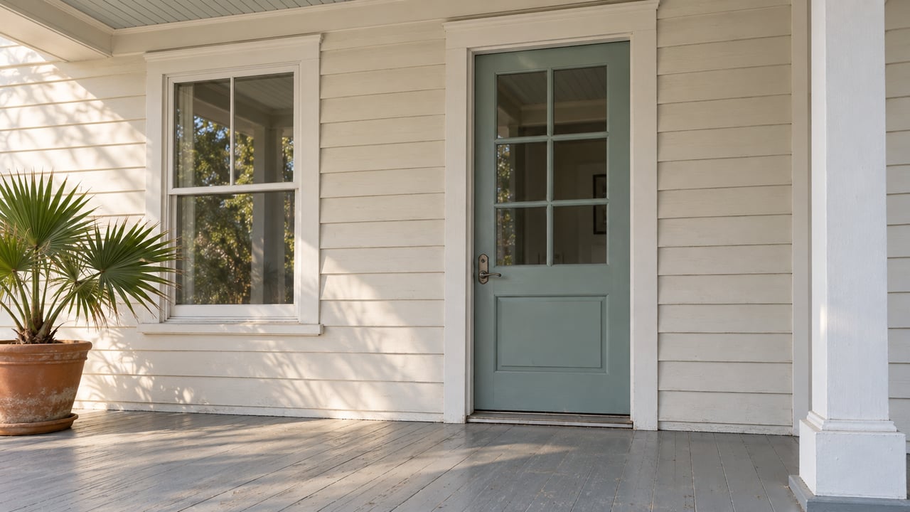 Covered porch with white wood siding, a seafoam glazed entry door, pale painted floorboards and a potted dwarf palmetto.