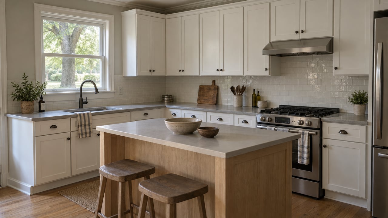 Modest kitchen with white shaker cabinets, a window above the sink, stainless range, and oak island with two stools.