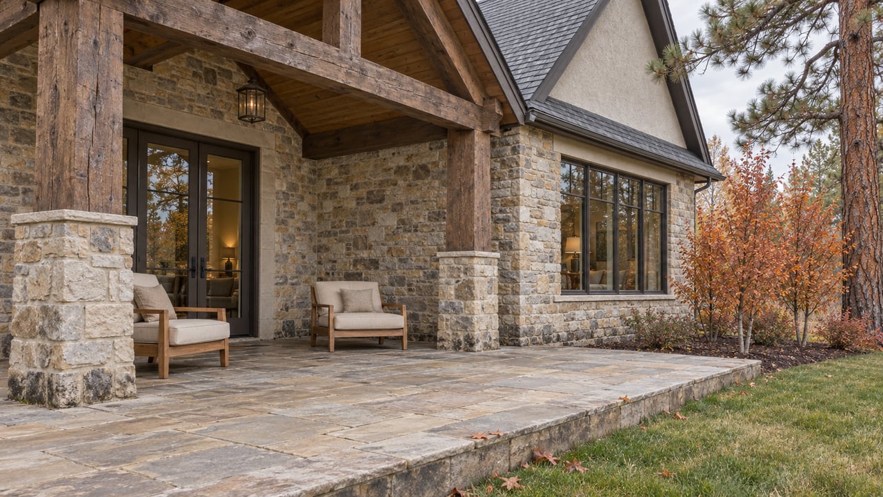 Stone and timber estate porch with glazed double doors, sandstone terrace, teak chairs and copper autumn foliage.