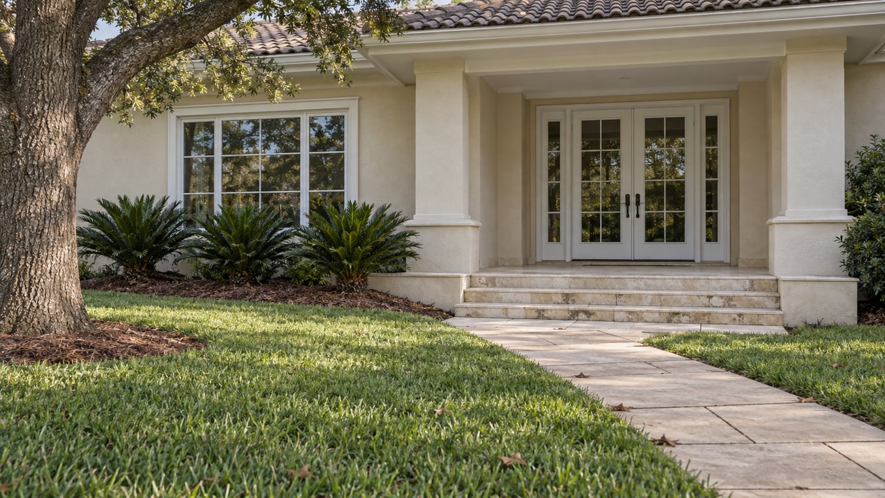 Ivory stucco home with a sheltered French-door entry, pale tiled roof and a garden walk crossing a deep green lawn.