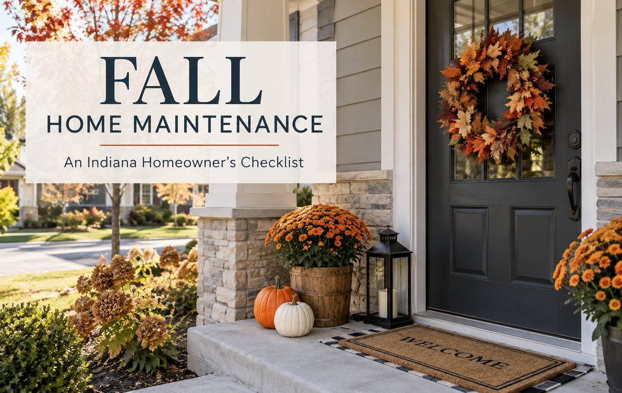 Home entrance decorated with an autumn wreath, pumpkins, and potted mums beside a stone porch.