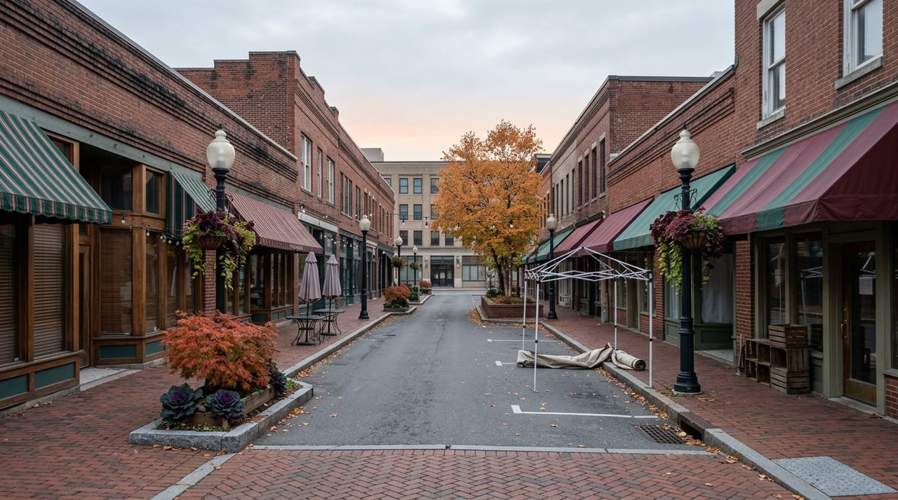 Empty brick storefront street with faded awnings, folded market canopy, planters, and an apricot-leaved tree.