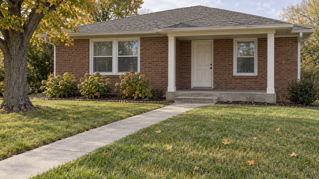 A modest brick bungalow behind a deep autumn lawn, with a concrete approach, covered porch, and maple leaves beginning to turn.