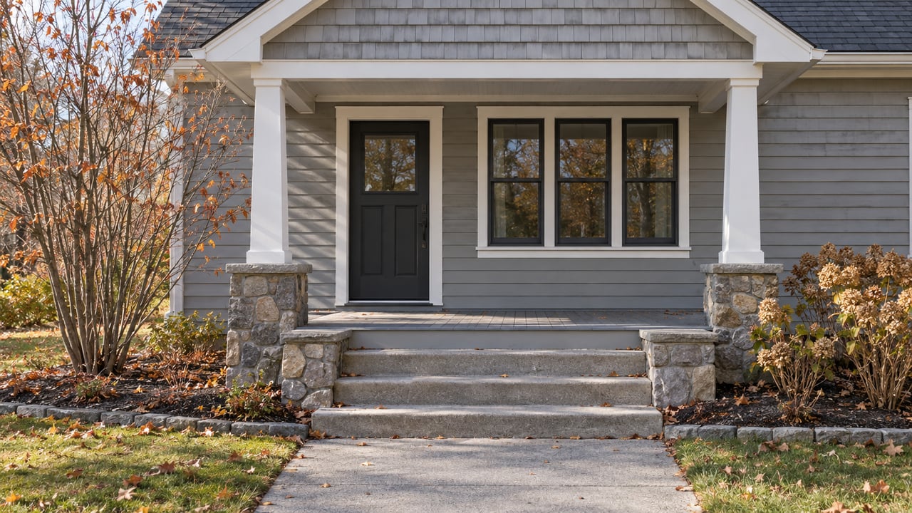 Gray gabled home entry with white porch posts, stone-faced piers, concrete steps and late-autumn planting.