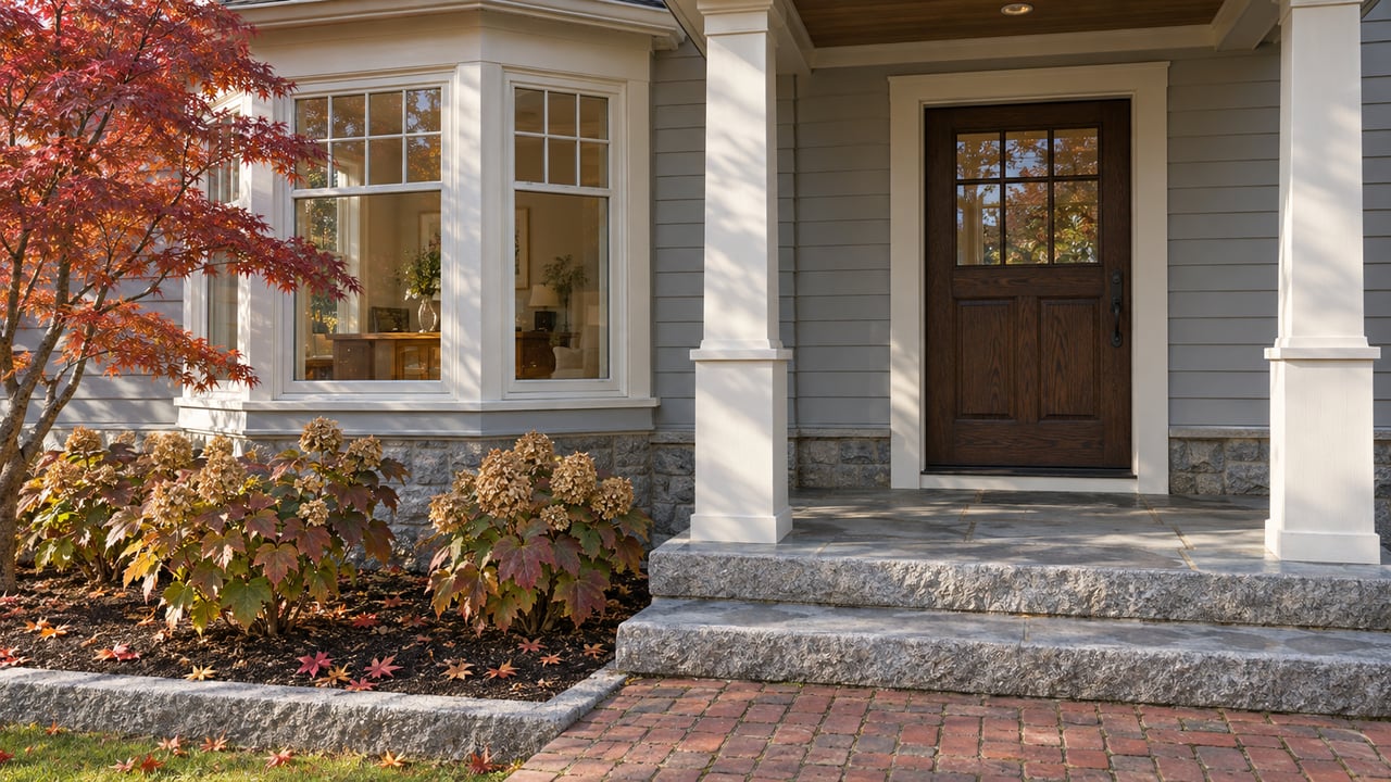 Autumn foliage beside a gray clapboard home's bay window and covered entry, with granite steps and a brick approach.