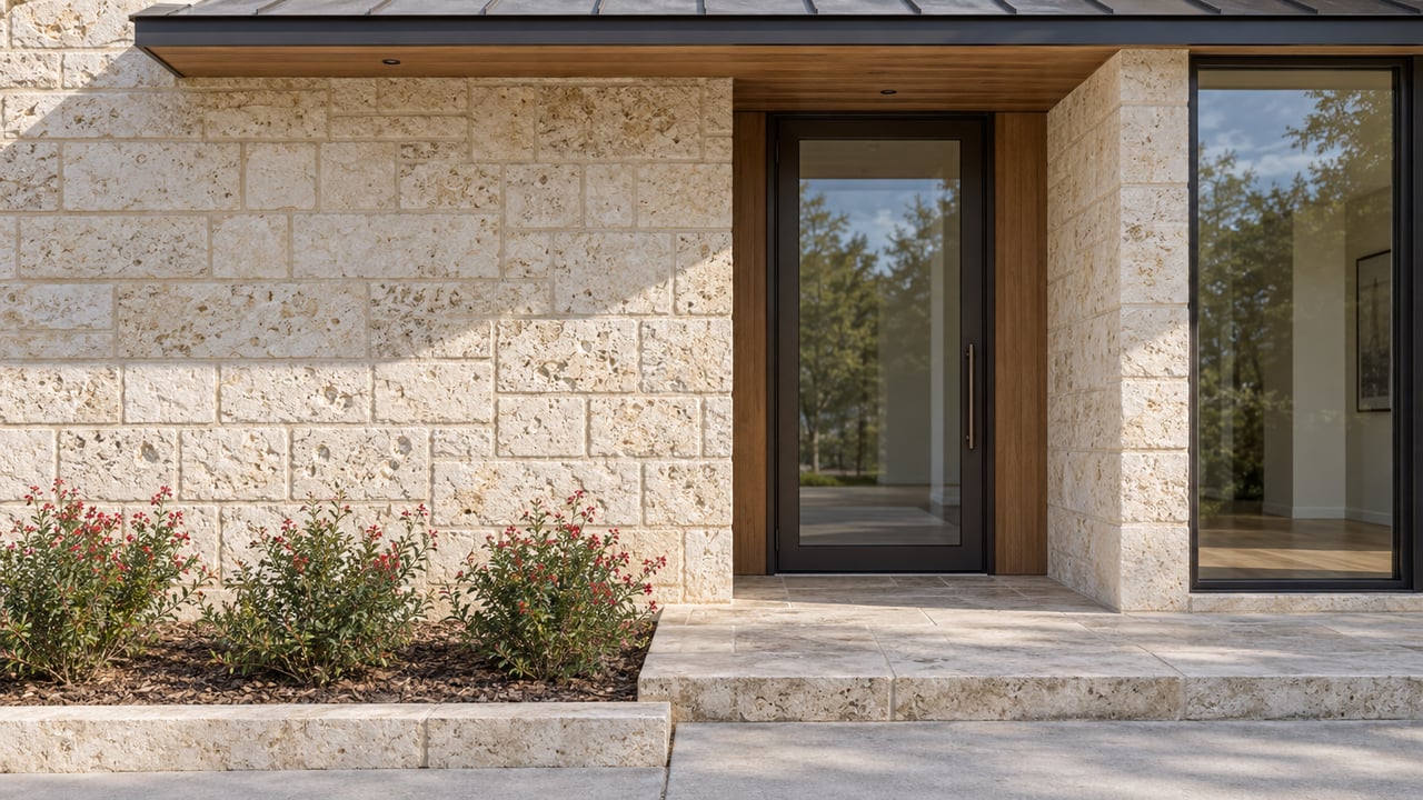 Sunlit limestone home entry with a cedar soffit, bronze-framed glass door, stone steps, and red-flowering autumn sage.