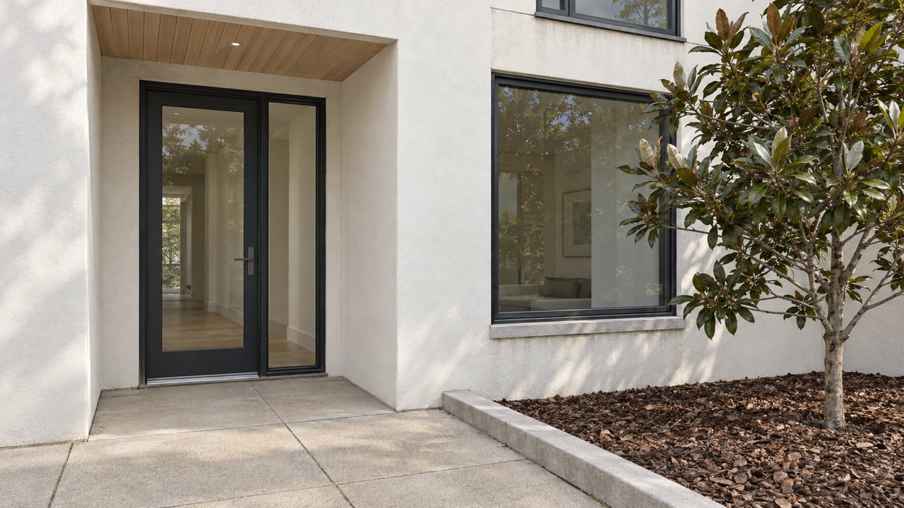 Pale stucco townhouse entrance with charcoal-framed glazing, a timber soffit, and one sweetbay magnolia beside a concrete landing.