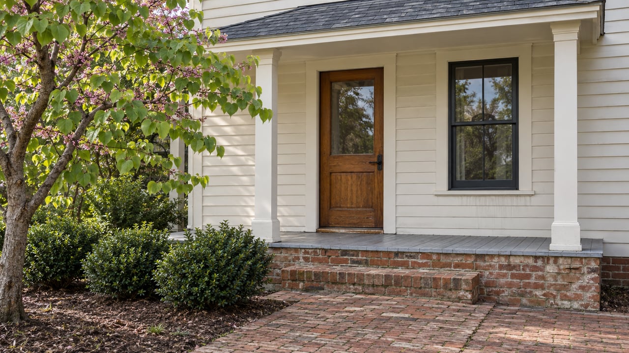 Older off-white clapboard house with a recessed oak door, brick stoop, and leafy tree partly screening the porch.