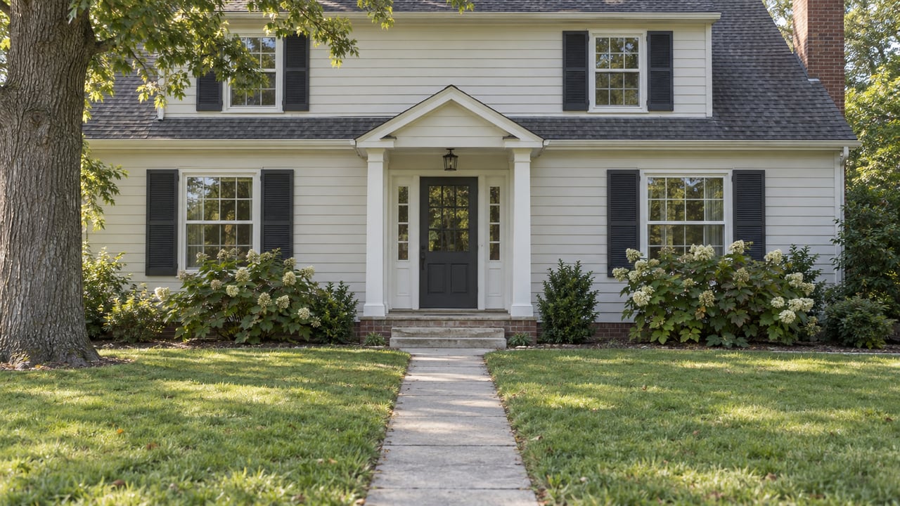 Two-story ivory-sided house with a gabled entry, dark shutters, broad lawn, and concrete walkway.