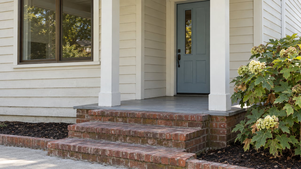 Cottage entrance with a pale-blue door, bronze-framed window, brick steps, and an oakleaf hydrangea.