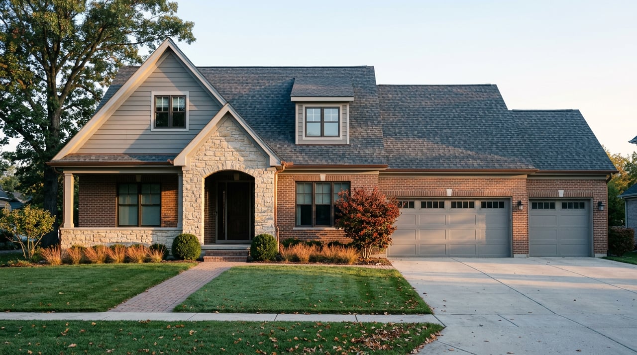 Two-story brick-and-stone suburban home with a gabled roof, broad lawn, and mature oak.