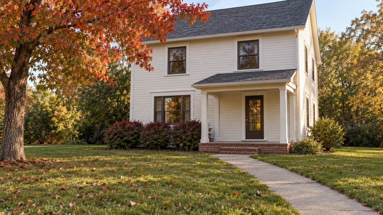 Two-story off-white house with a shallow porch, diagonal concrete walk, broad lawn, and red-orange maple.
