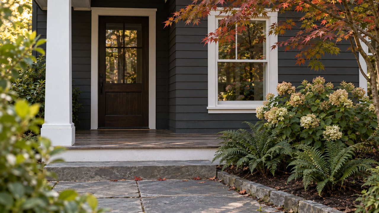 Craftsman porch with a white column, dark glazed door, bluestone steps, and a Japanese maple beside hydrangeas.