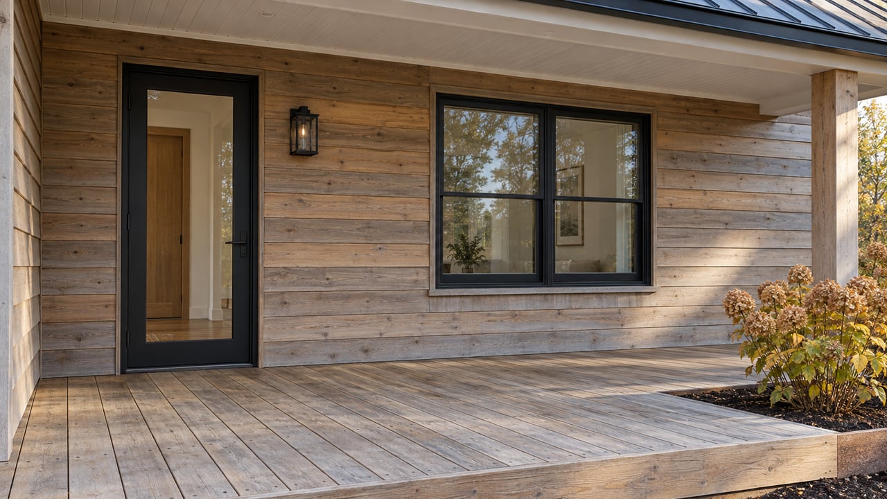 Cedar-sided home entry with a black-framed glass door and window, weathered porch boards, and an autumn hydrangea beside the raised deck.