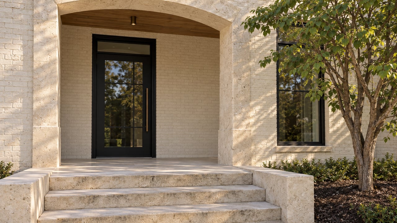 Ivory brick home entry with a limestone arch, black steel-and-glass door, broad stone steps and a specimen redbud.
