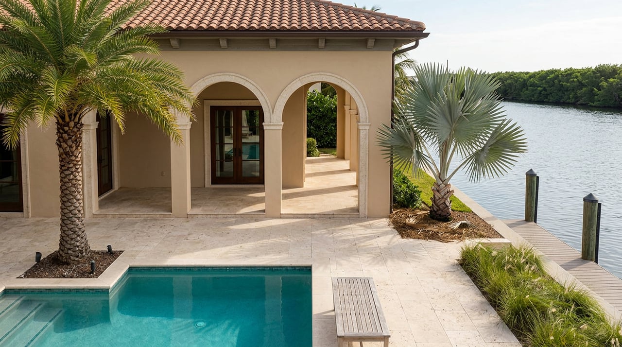 Waterfront estate with arched loggia, turquoise pool, palms, and a wooden dock beside calm water.