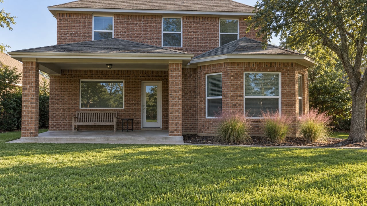 Brick home with a shaded covered patio, a broad lawn, and pink muhly beside the rear windows.