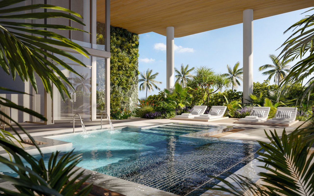 Ocean House Surfside vitality pool rendering surrounded by tropical landscaping.