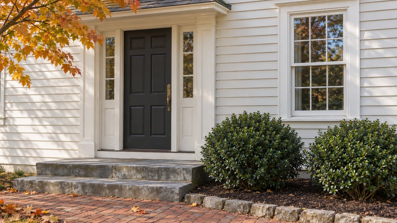 Traditional home entry with a dark paneled door, bluestone steps, and amber maple leaves.