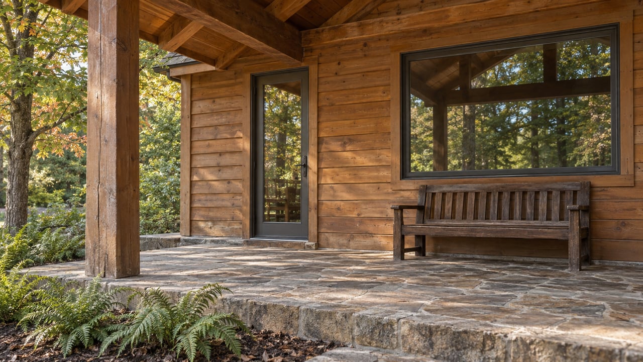 Timber home's covered terrace with warm wood siding, bronze-framed glazing, weathered stone paving and woodland ferns.