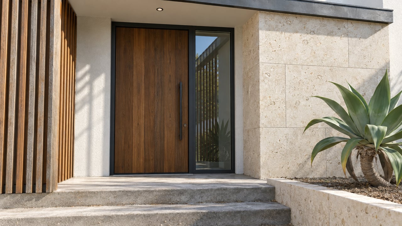 Sunlit modern home entry with a wood door, cream limestone wall, concrete steps and a sculptural agave.