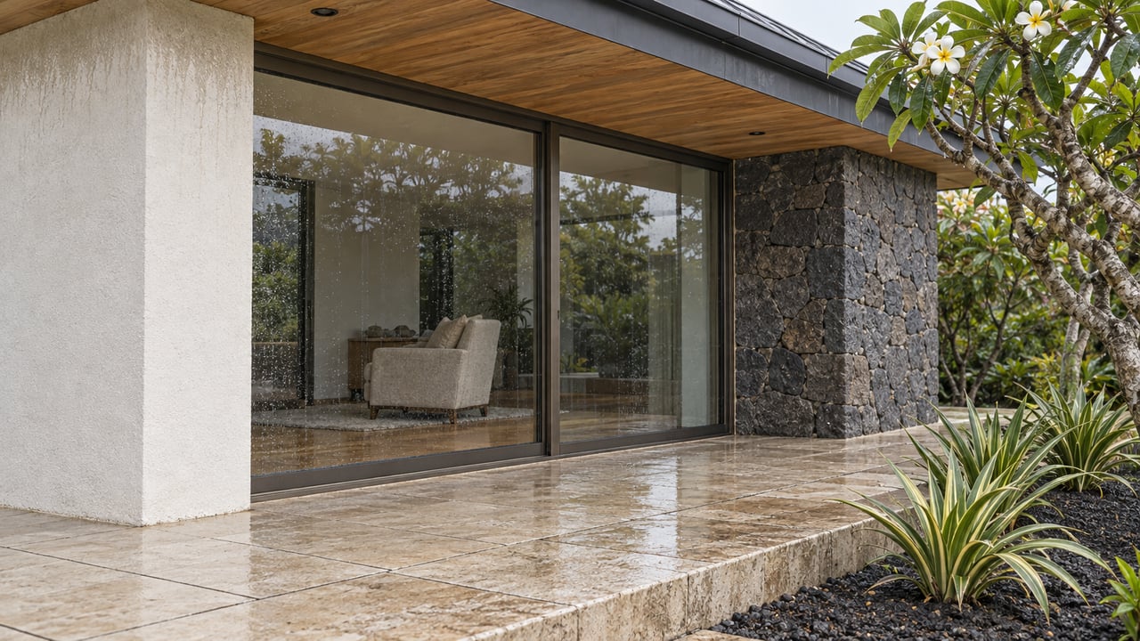 A covered stone terrace beside closed bronze-framed glass doors, pale stucco and basalt piers, with a branching plumeria and silver-leaved planting.