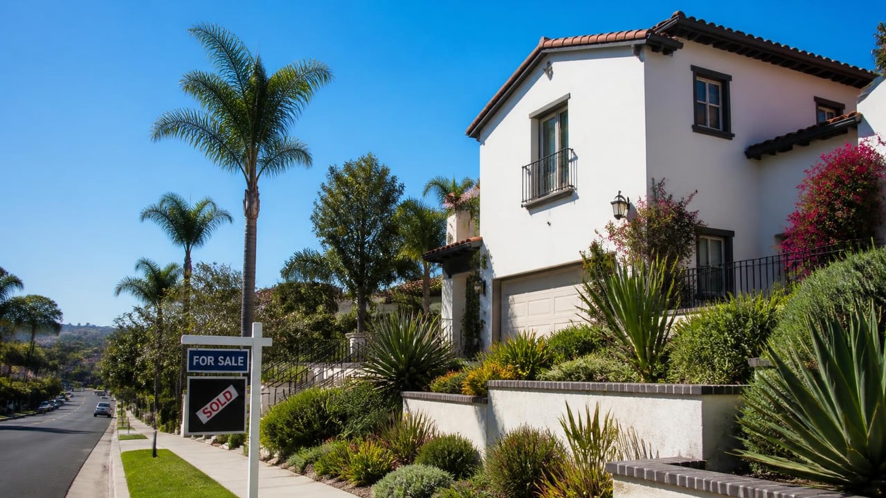 White Spanish-style house with palm trees and a roadside sign marked sold.