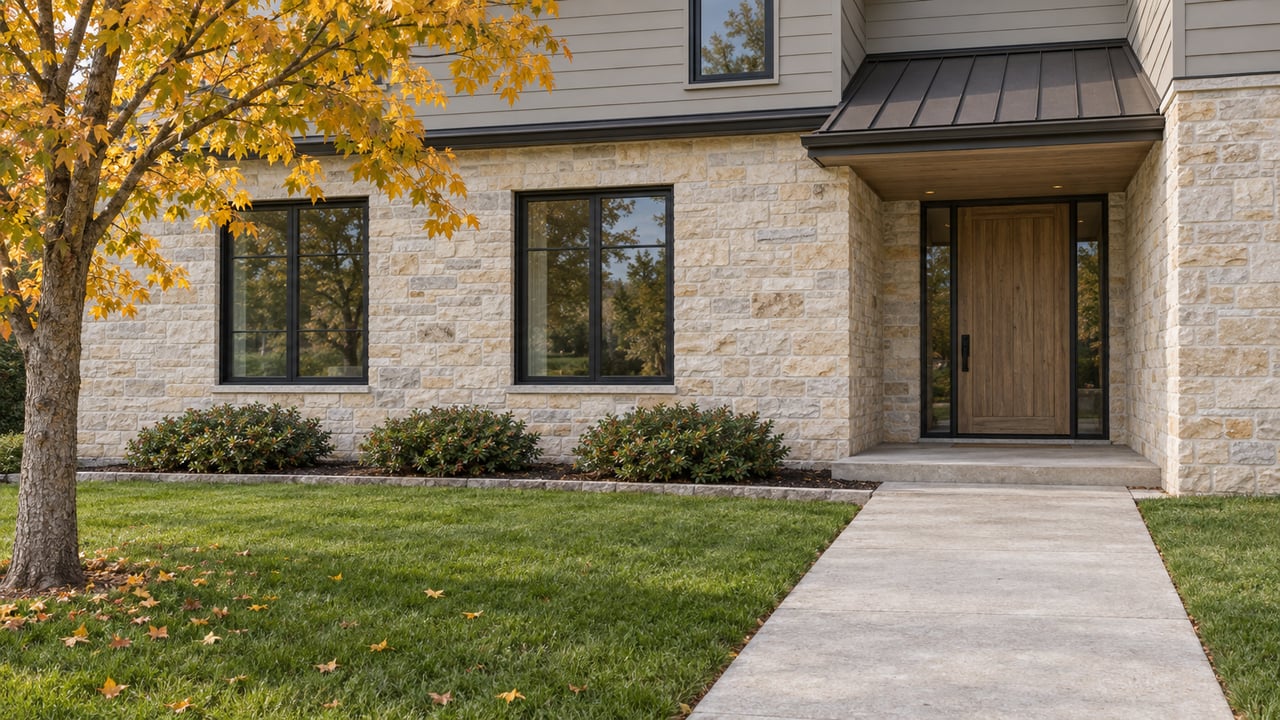 Suburban house with pale limestone walls, gray siding, recessed oak entry, lawn, and a golden-leaved tree.