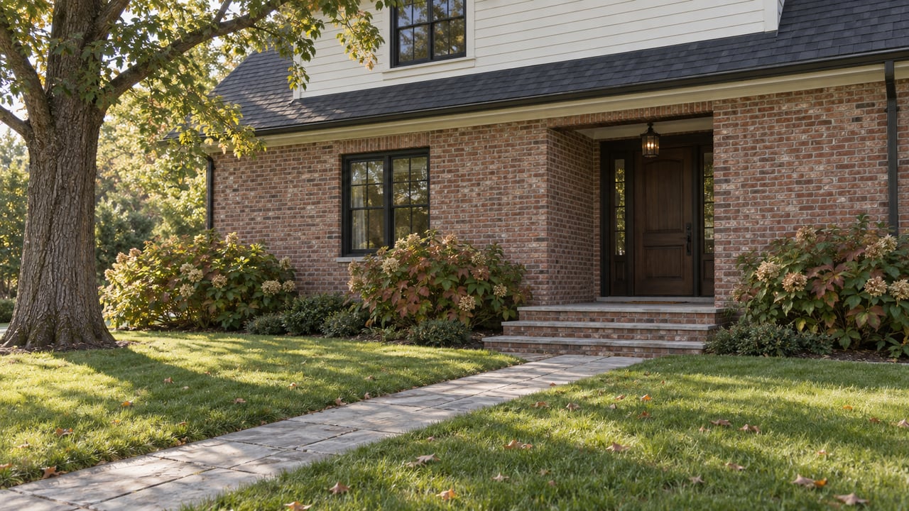 Brick-and-clapboard house with a recessed wood door, limestone walkway, broad lawn, and oak tree.