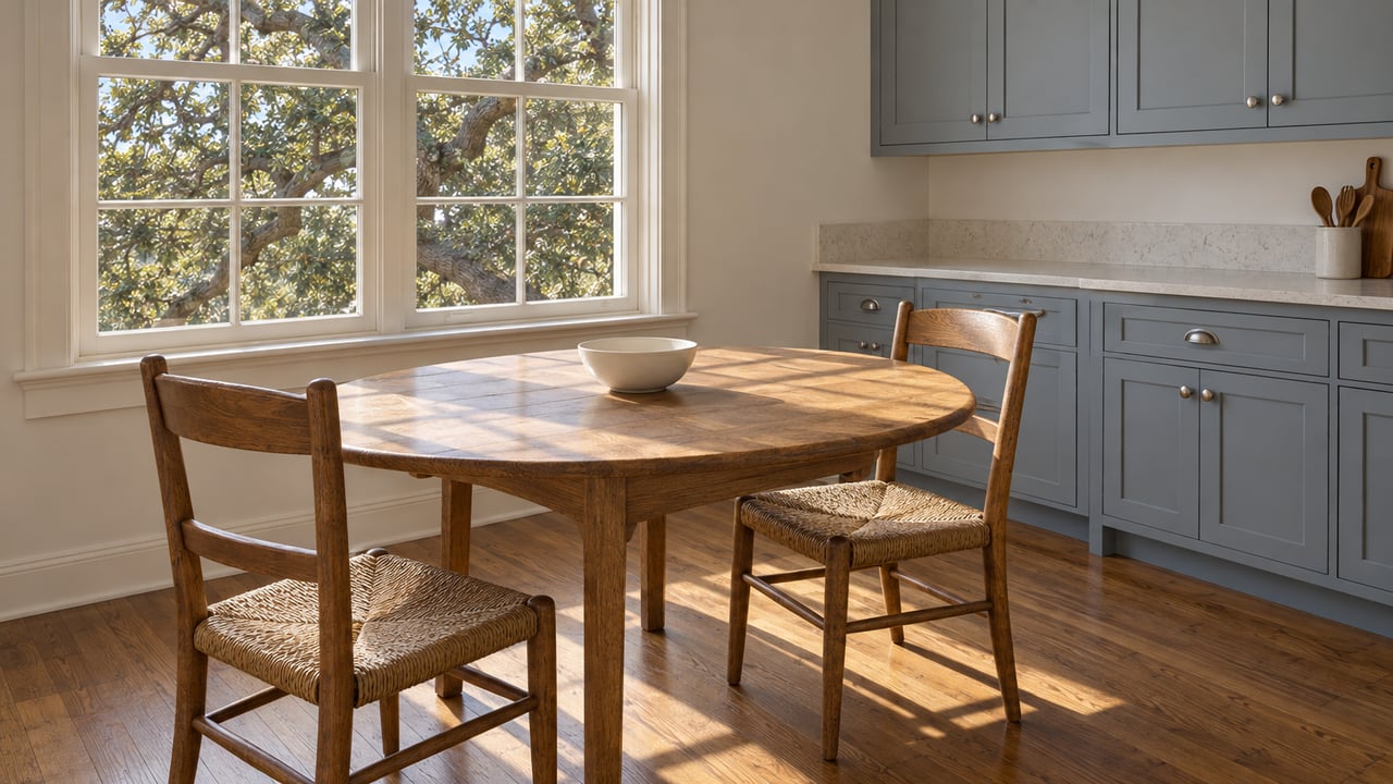 Sunlit breakfast alcove with an oak table, two woven-seat chairs, blue-gray kitchen cabinetry, and a closed window overlooking live oak branches.