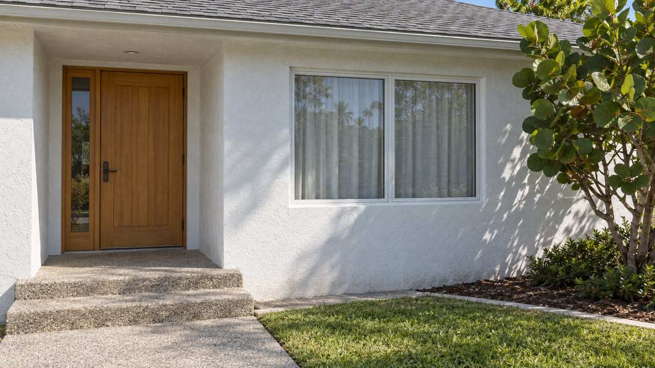 White stucco home entrance with a timber door, shell-aggregate steps and a sea grape tree beside a broad window.