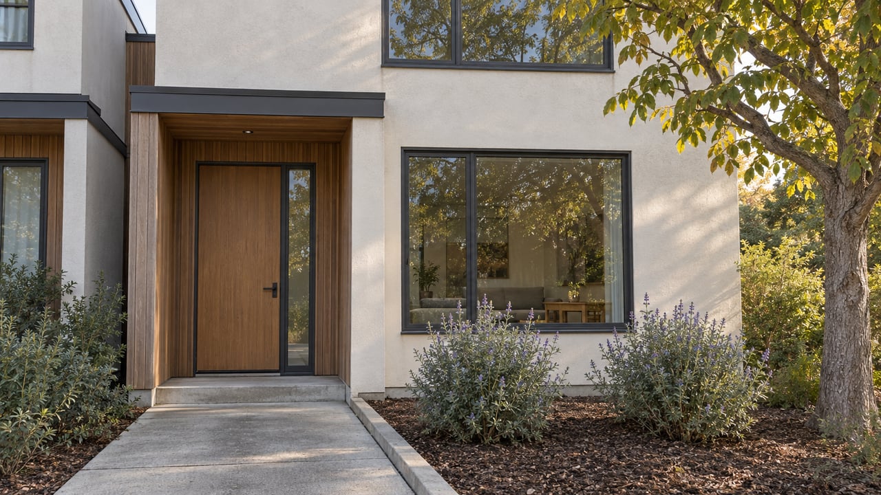 Contemporary attached-home entry with cedar cladding, pale stucco, charcoal window frames and a mature walnut tree beside the concrete approach.
