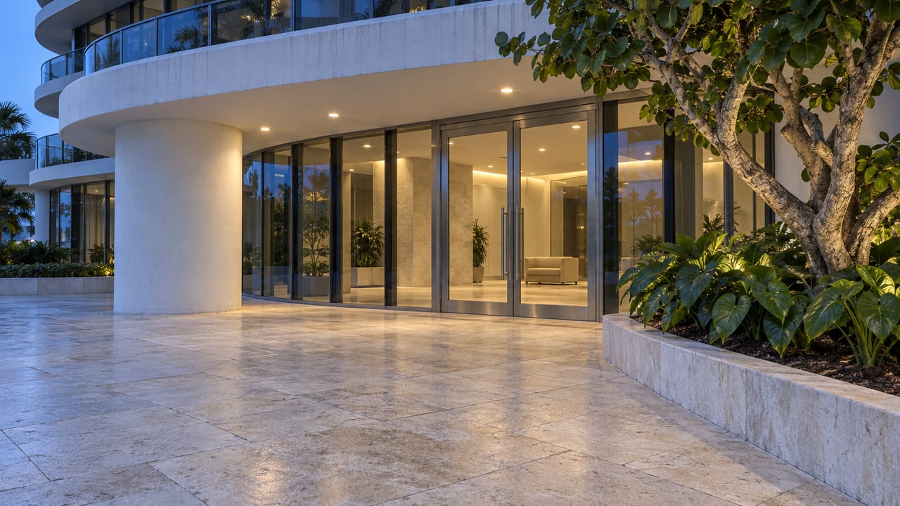 Curved white residential entry canopy above a limestone terrace, with illuminated glass lobby doors and a sculptural sea grape tree at dusk.