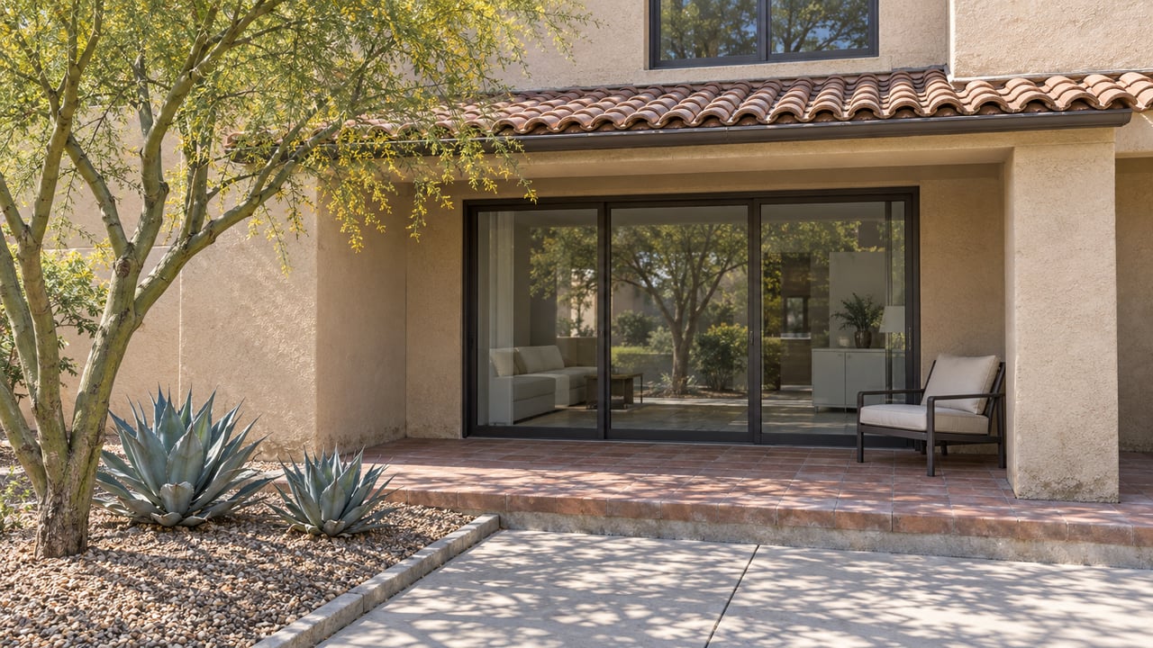 Sand-colored two-story condominium exterior with a shaded glass-door patio, terracotta pavers, a palo verde tree, and two agaves.